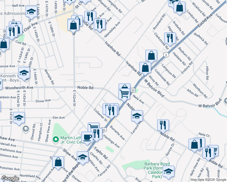 map of restaurants, bars, coffee shops, grocery stores, and more near 1705 Noble Road in East Cleveland