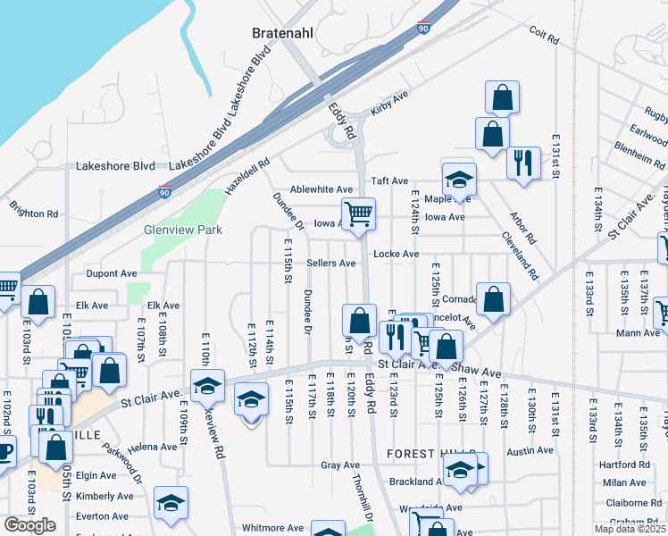 map of restaurants, bars, coffee shops, grocery stores, and more near 11718 Oakview Avenue in Cleveland