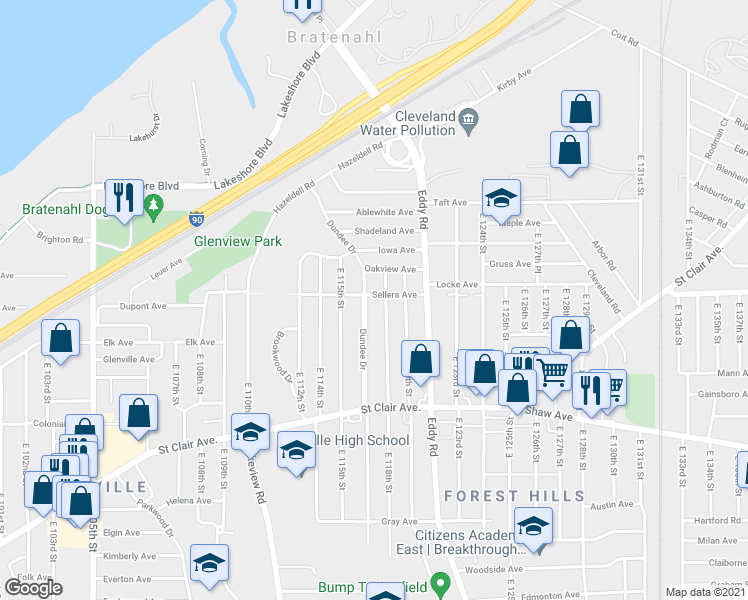 map of restaurants, bars, coffee shops, grocery stores, and more near 11718 Oakview Avenue in Cleveland