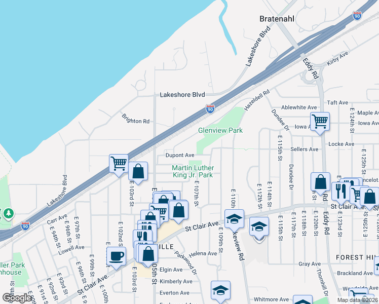 map of restaurants, bars, coffee shops, grocery stores, and more near 10646 Leuer Avenue in Cleveland