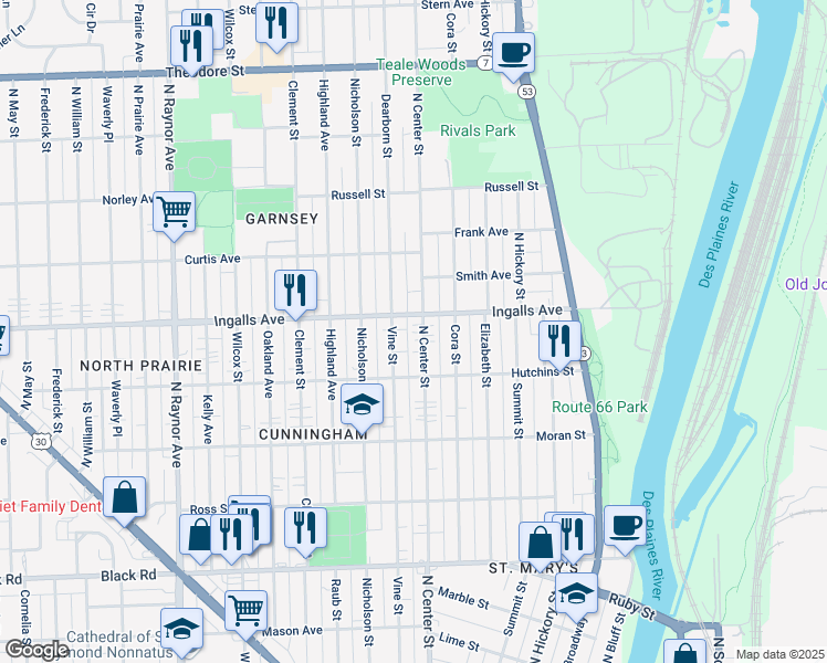 map of restaurants, bars, coffee shops, grocery stores, and more near 1201 North Center Street in Joliet