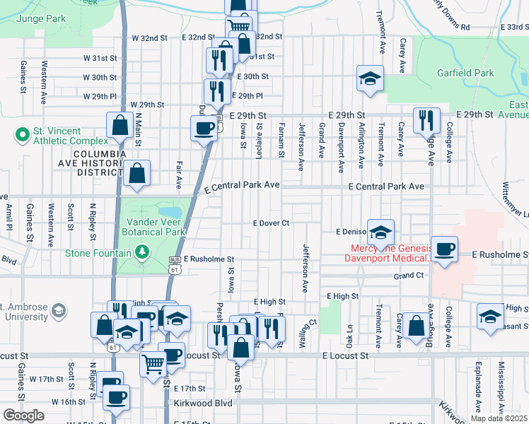map of restaurants, bars, coffee shops, grocery stores, and more near 2510 Leclaire Street in Davenport