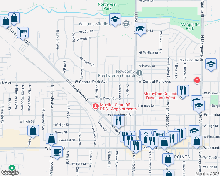 map of restaurants, bars, coffee shops, grocery stores, and more near 2604 North Howell Street in Davenport