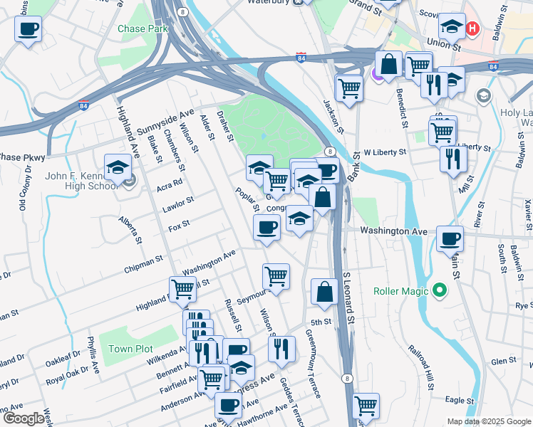 map of restaurants, bars, coffee shops, grocery stores, and more near 109 Green Street in Waterbury