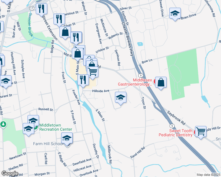 map of restaurants, bars, coffee shops, grocery stores, and more near 110 Hillside Avenue in Middletown
