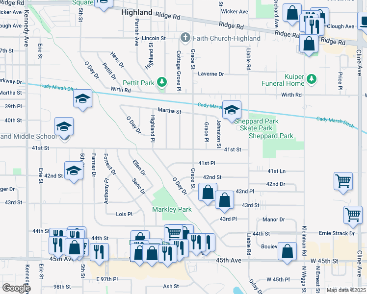 map of restaurants, bars, coffee shops, grocery stores, and more near 9228 Cottage Grove Place in Highland