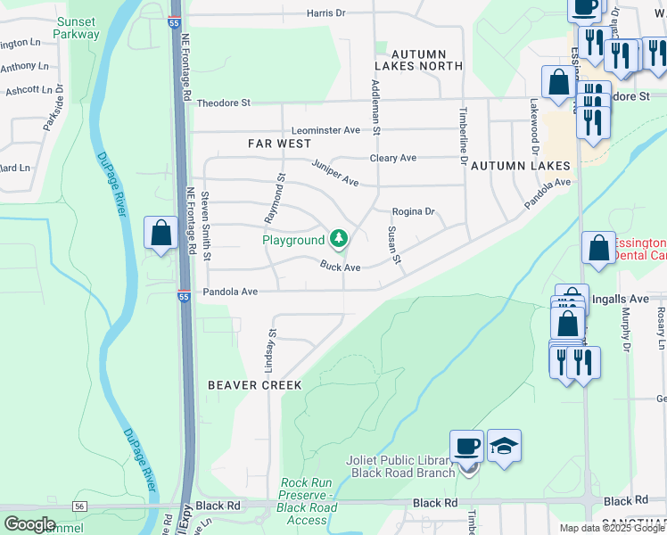 map of restaurants, bars, coffee shops, grocery stores, and more near 3717 Buck Avenue in Joliet