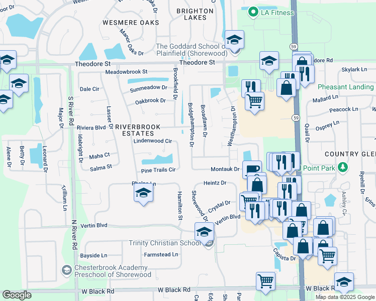 map of restaurants, bars, coffee shops, grocery stores, and more near 1307 Bridgehampton Drive in Plainfield