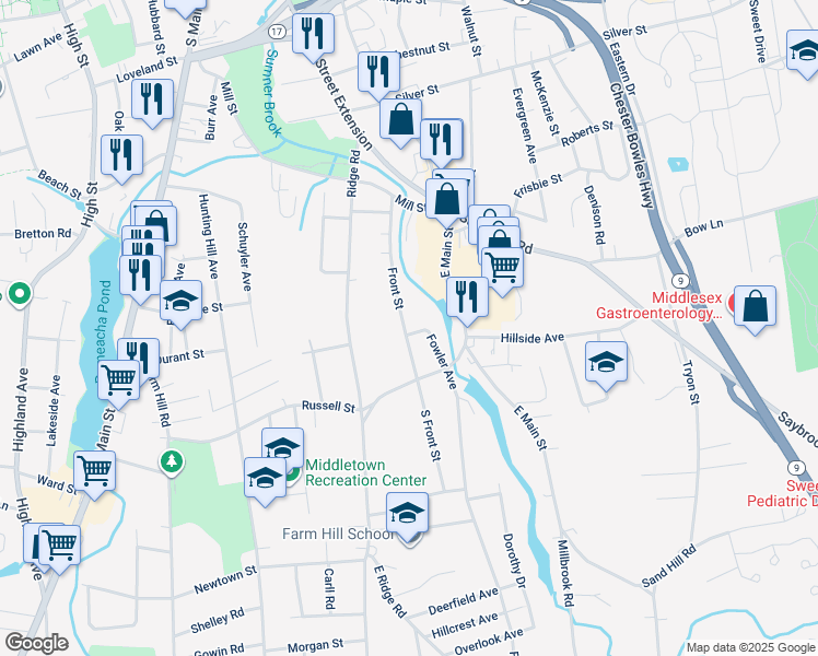 map of restaurants, bars, coffee shops, grocery stores, and more near 142 Front Street in Middletown