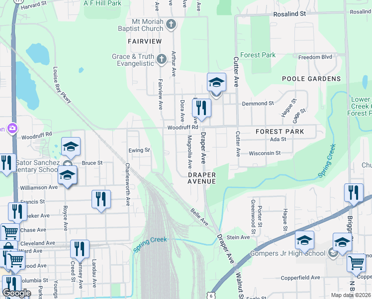 map of restaurants, bars, coffee shops, grocery stores, and more near 1112 Magnolia Avenue in Joliet