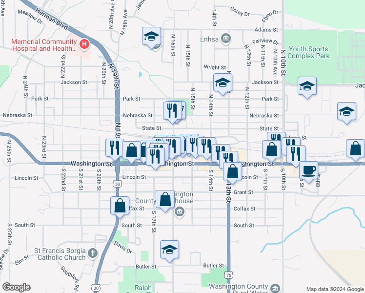 map of restaurants, bars, coffee shops, grocery stores, and more near 1548 Front Street in Blair