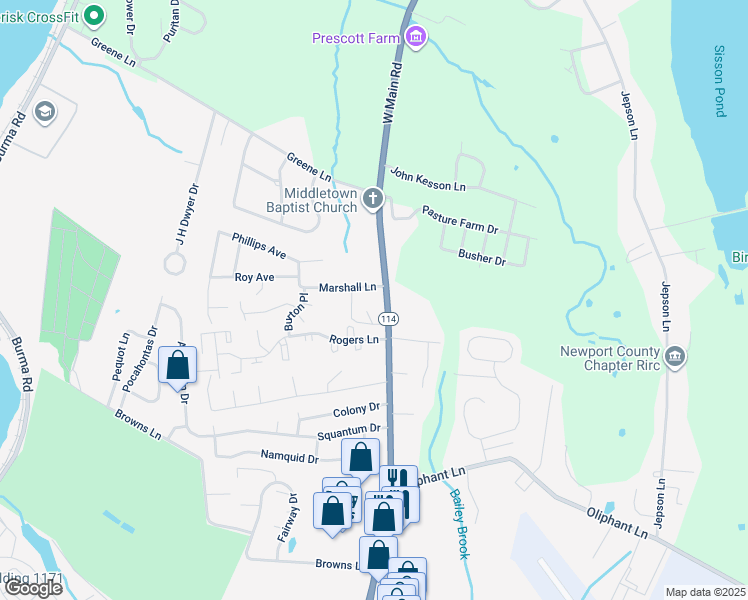 map of restaurants, bars, coffee shops, grocery stores, and more near 1726 West Main Road in Middletown
