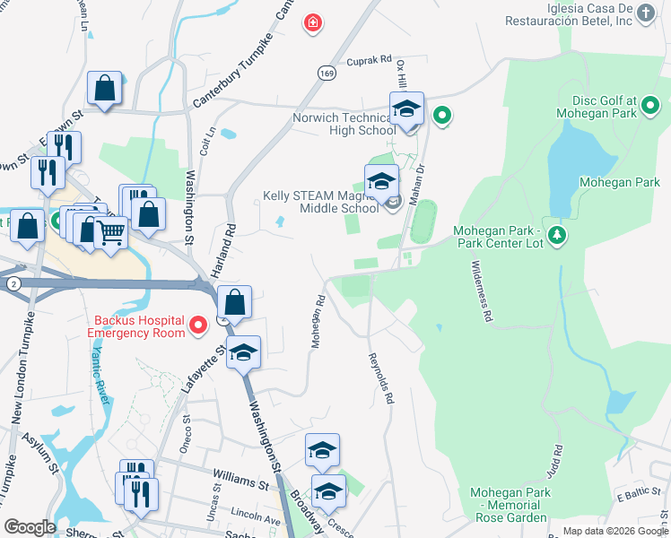 map of restaurants, bars, coffee shops, grocery stores, and more near 59 Sachem Plains Road in Norwich
