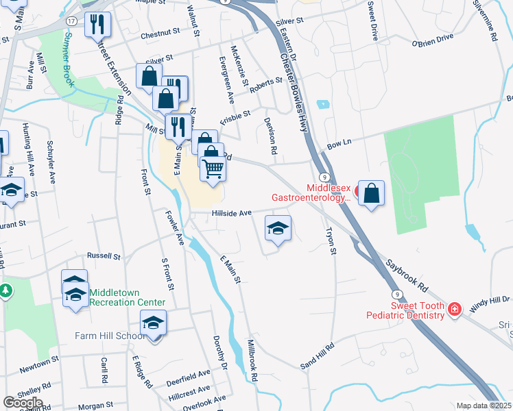 map of restaurants, bars, coffee shops, grocery stores, and more near 110 Hillside Avenue in Middletown
