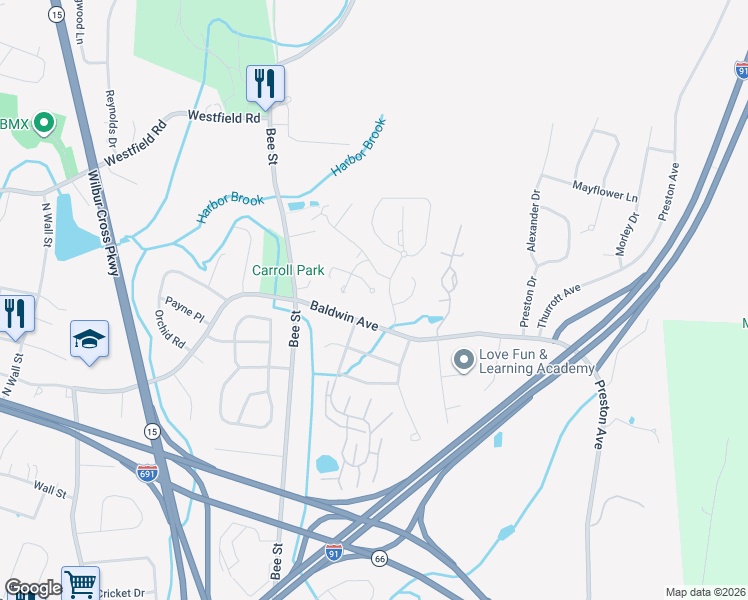 map of restaurants, bars, coffee shops, grocery stores, and more near 20 Montowese Drive in Meriden