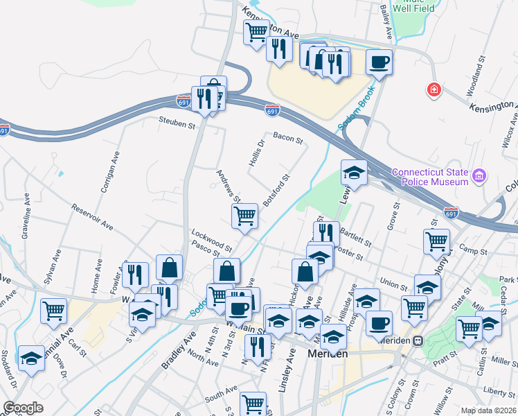 map of restaurants, bars, coffee shops, grocery stores, and more near 16 Eddy Avenue in Meriden
