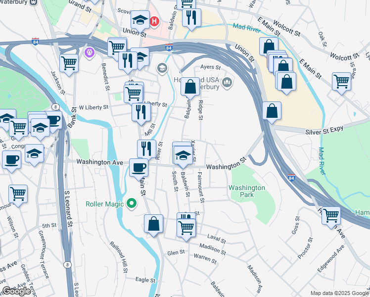 map of restaurants, bars, coffee shops, grocery stores, and more near 15 Sylvan Avenue in Waterbury