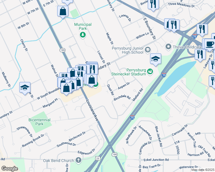 map of restaurants, bars, coffee shops, grocery stores, and more near 111 Quail Road in Perrysburg