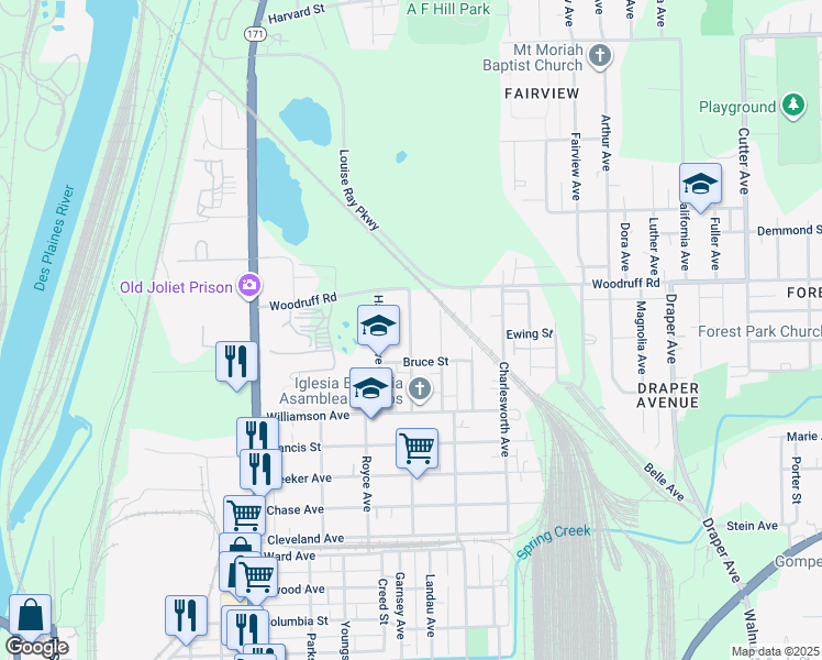 map of restaurants, bars, coffee shops, grocery stores, and more near 1120 Hacker Avenue in Joliet