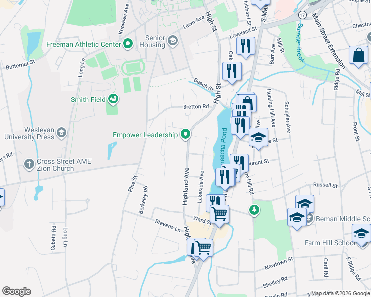 map of restaurants, bars, coffee shops, grocery stores, and more near 115 Highland Avenue in Middletown