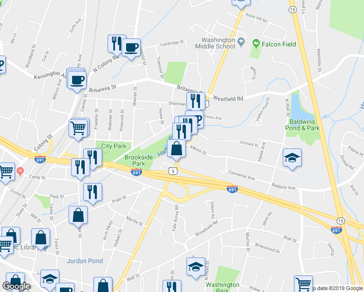 map of restaurants, bars, coffee shops, grocery stores, and more near 960 Broad Street in Meriden