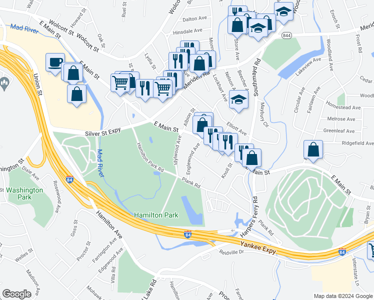 map of restaurants, bars, coffee shops, grocery stores, and more near 38 Englewood Avenue in Waterbury