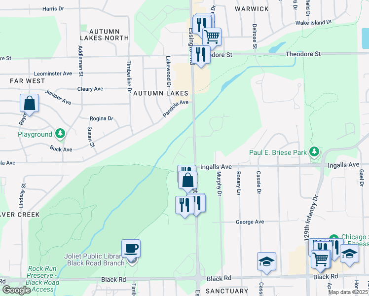 map of restaurants, bars, coffee shops, grocery stores, and more near 1240 Albert Dottavio Drive in Joliet