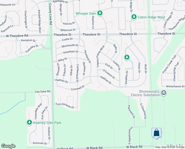 map of restaurants, bars, coffee shops, grocery stores, and more near 1308 Howland Drive in Joliet