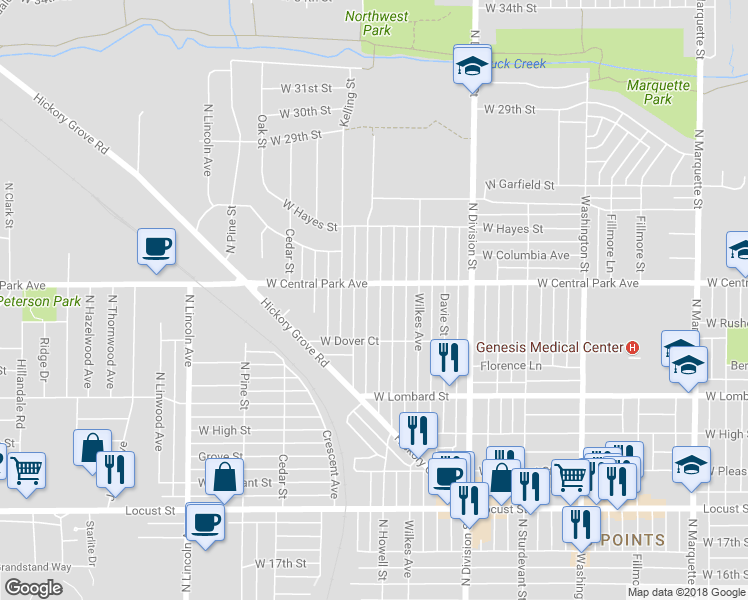 map of restaurants, bars, coffee shops, grocery stores, and more near 2511 Pacific Street in Davenport