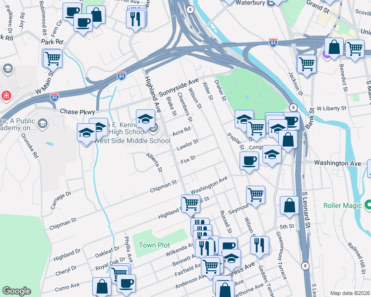map of restaurants, bars, coffee shops, grocery stores, and more near 71 Lawlor Street in Waterbury