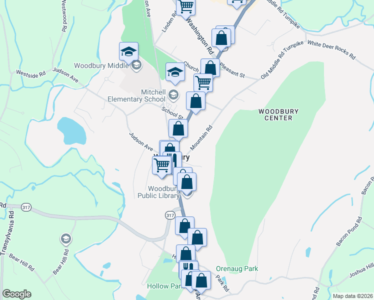 map of restaurants, bars, coffee shops, grocery stores, and more near 17 Mountain Road in Woodbury