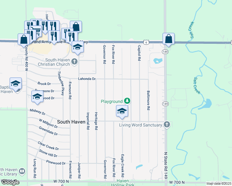 map of restaurants, bars, coffee shops, grocery stores, and more near 766-770 Eagle Creek Road in Valparaiso