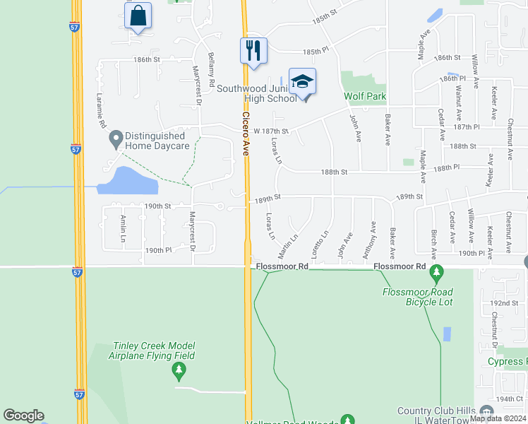 map of restaurants, bars, coffee shops, grocery stores, and more near 18910 Loras Lane in Country Club Hills