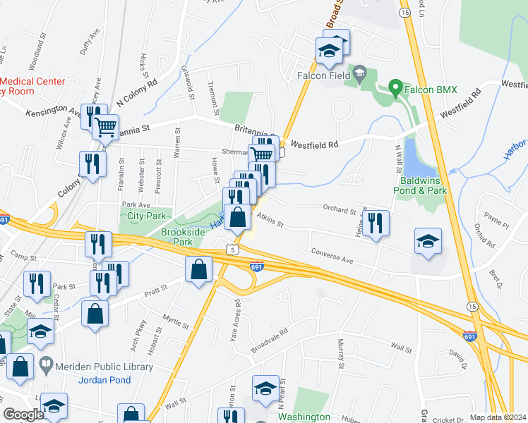 map of restaurants, bars, coffee shops, grocery stores, and more near 21 Orchard Street in Meriden