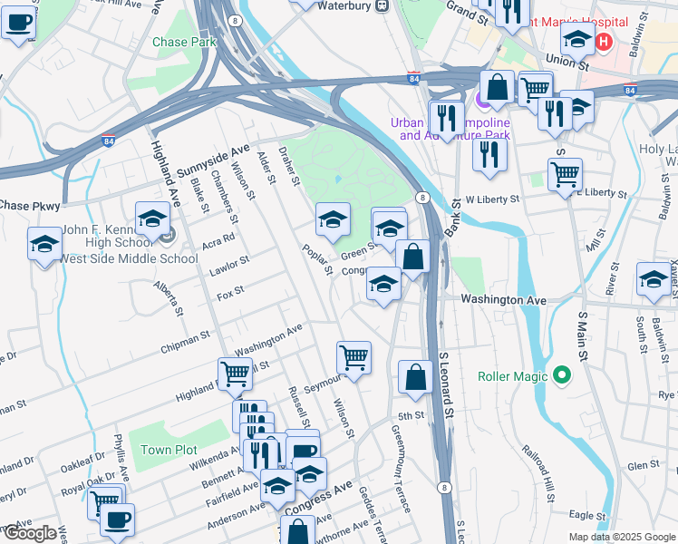 map of restaurants, bars, coffee shops, grocery stores, and more near 109 Green Street in Waterbury