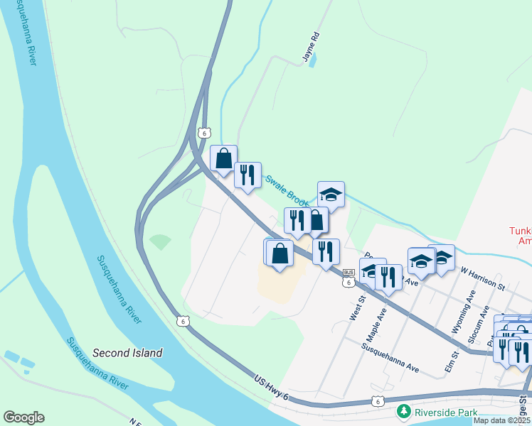 map of restaurants, bars, coffee shops, grocery stores, and more near 206 West Tioga Street in Tunkhannock