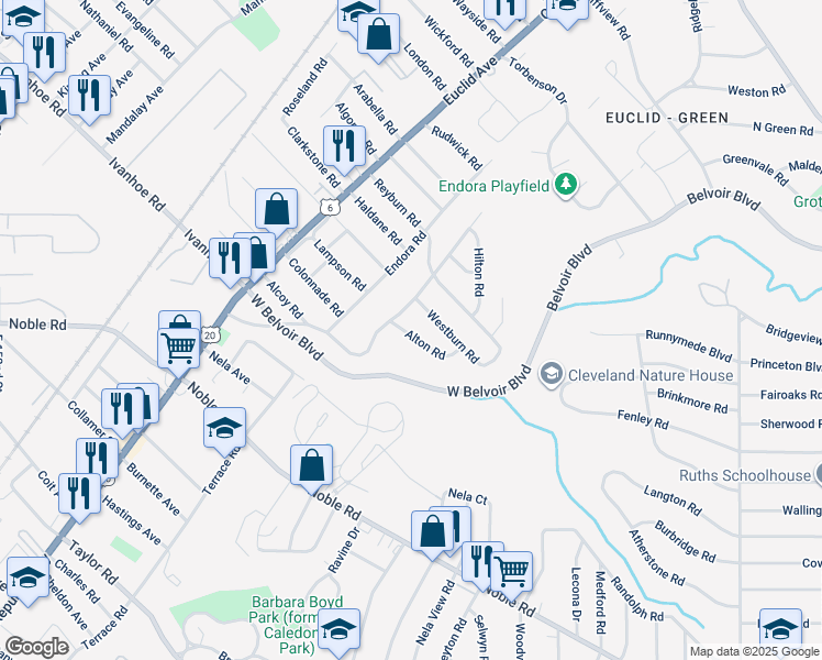 map of restaurants, bars, coffee shops, grocery stores, and more near 16712 Hillsboro Road in Cleveland