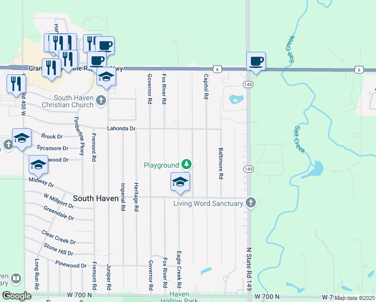 map of restaurants, bars, coffee shops, grocery stores, and more near 743-773 Devonshire Road in Valparaiso