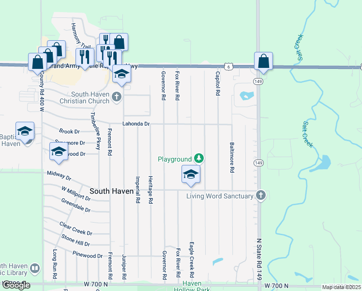 map of restaurants, bars, coffee shops, grocery stores, and more near 766-770 Eagle Creek Road in Valparaiso