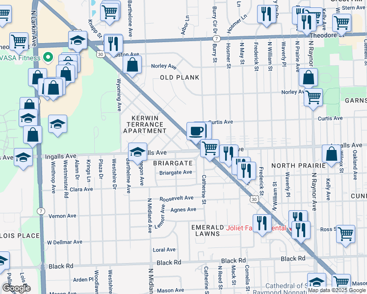 map of restaurants, bars, coffee shops, grocery stores, and more near 1203 Colorado Avenue in Joliet