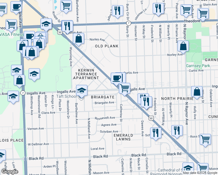 map of restaurants, bars, coffee shops, grocery stores, and more near 1203 Colorado Avenue in Joliet