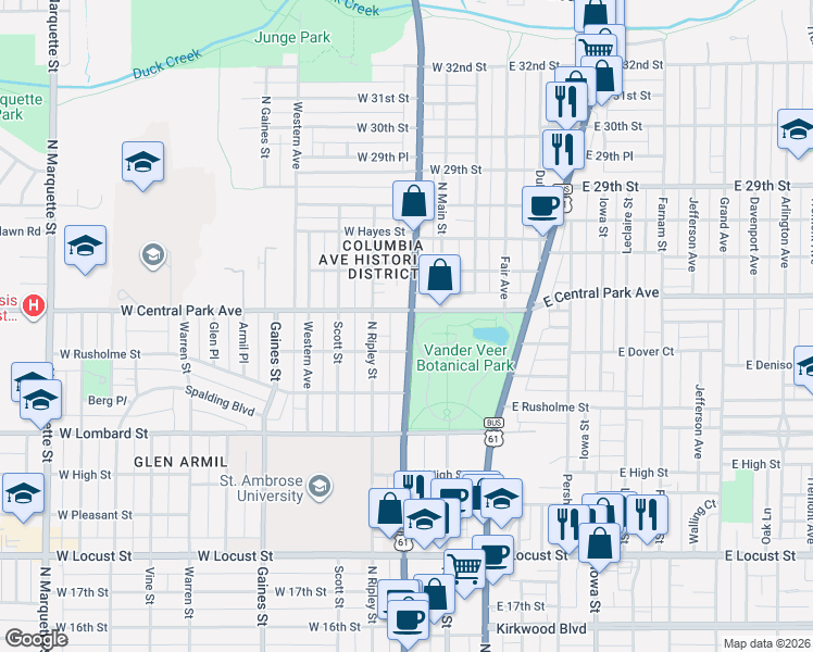 map of restaurants, bars, coffee shops, grocery stores, and more near 2514 North Harrison Street in Davenport