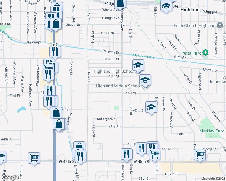 map of restaurants, bars, coffee shops, grocery stores, and more near 2712 40th Pl in Highland