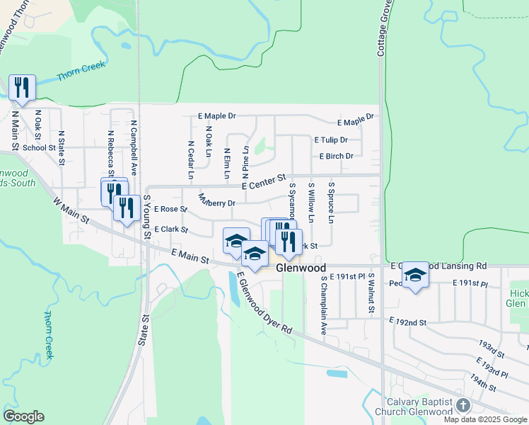 map of restaurants, bars, coffee shops, grocery stores, and more near 304 Mulberry Drive in Glenwood