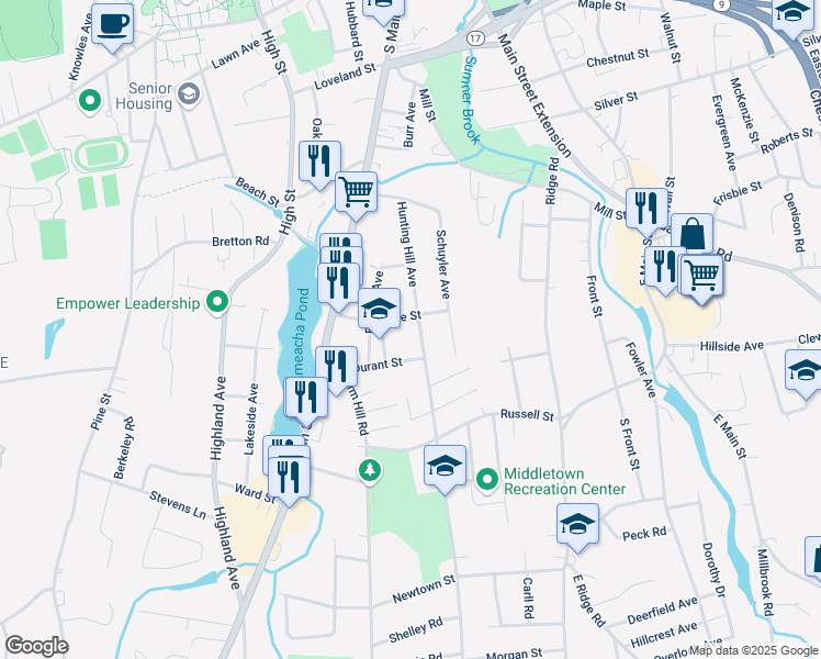 map of restaurants, bars, coffee shops, grocery stores, and more near 160 Hunting Hill Avenue in Middletown