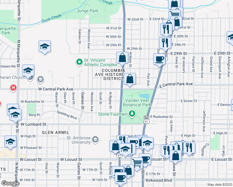 map of restaurants, bars, coffee shops, grocery stores, and more near 2506 North Harrison Street in Davenport