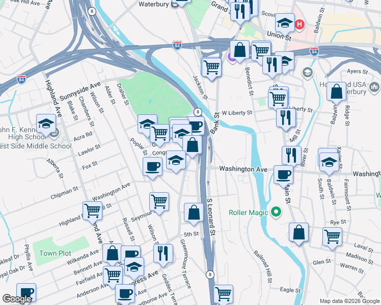 map of restaurants, bars, coffee shops, grocery stores, and more near in Waterbury