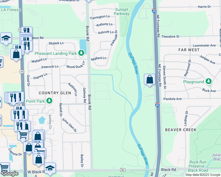 map of restaurants, bars, coffee shops, grocery stores, and more near 1306 Riverview Drive in Joliet