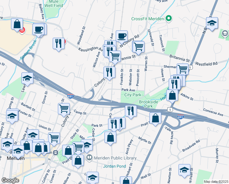 map of restaurants, bars, coffee shops, grocery stores, and more near in Meriden