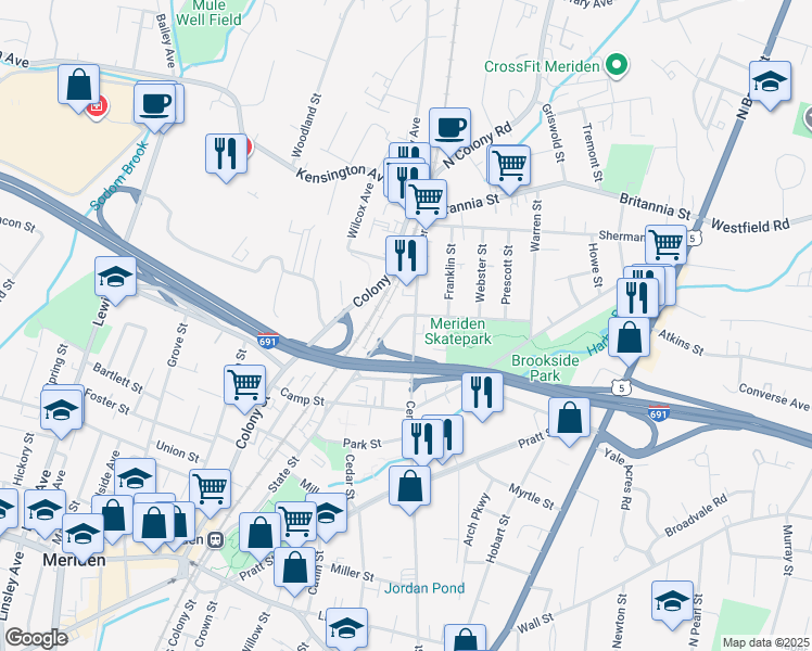 map of restaurants, bars, coffee shops, grocery stores, and more near in Meriden
